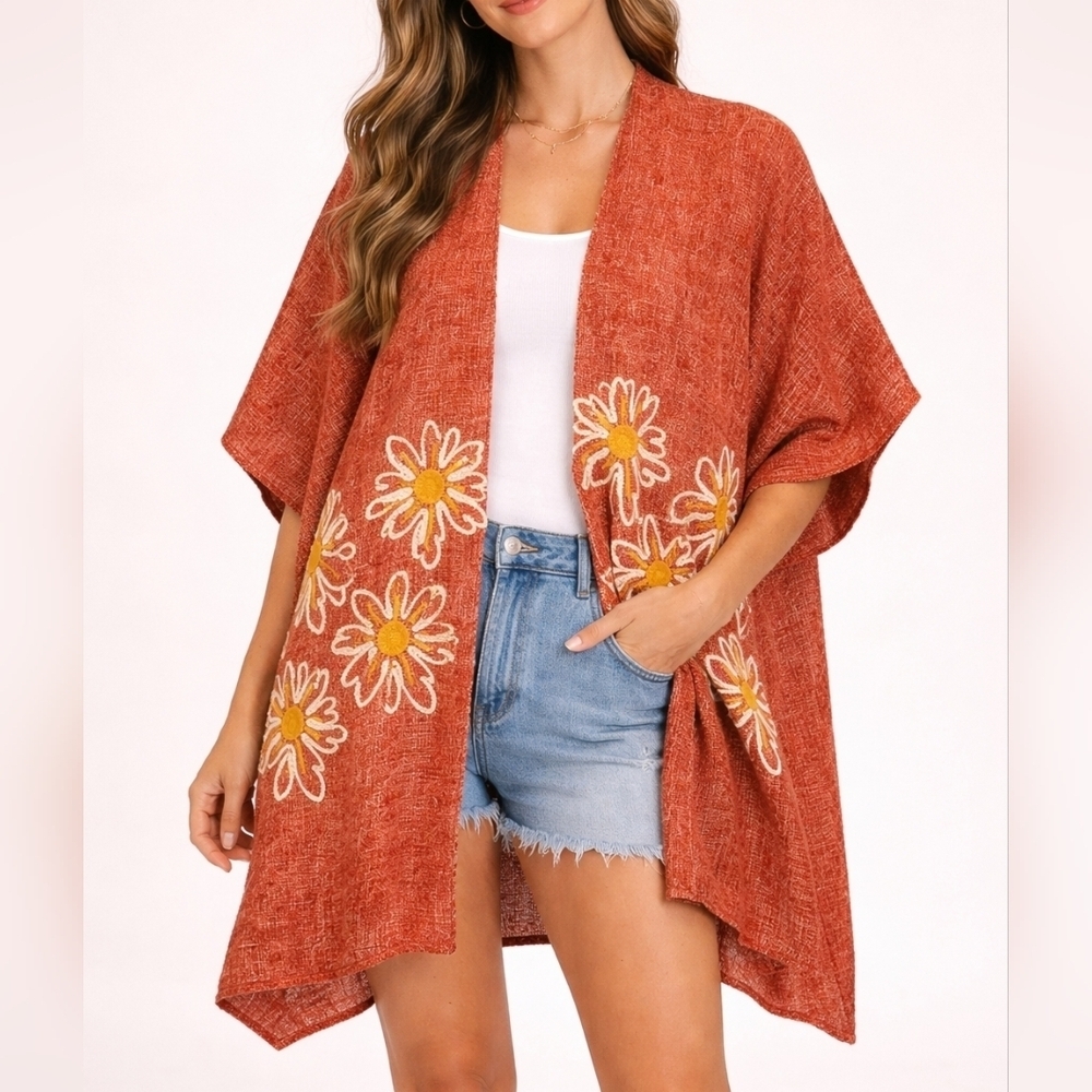 PASSAGE Floral Daisy Embroidered Hippie Open Front Kimono Shawl Cardigan